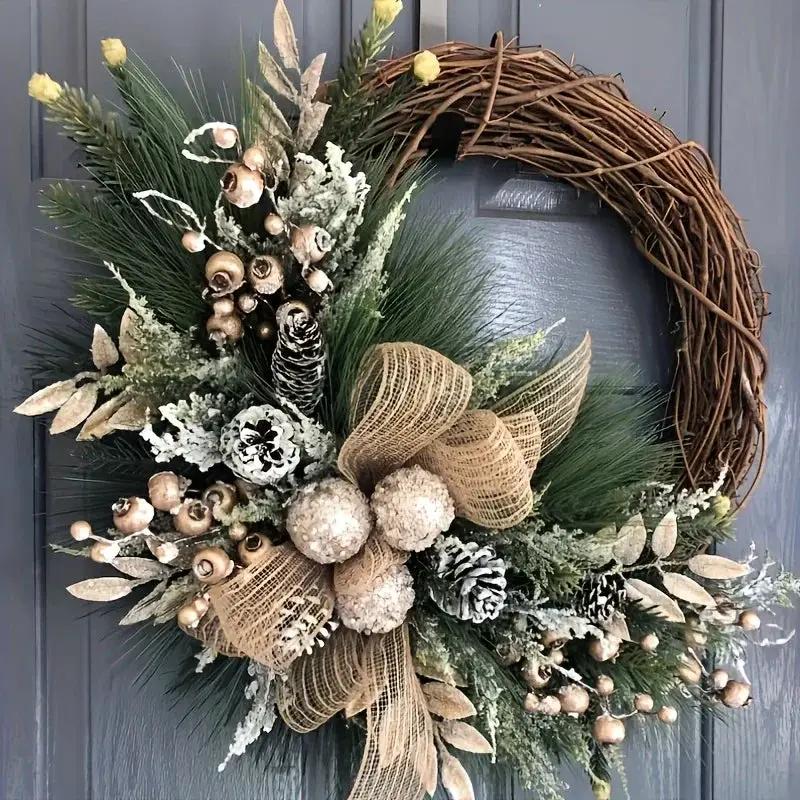Plastic Christmas Wreath with Golden Accents and Pine Cones by House Of Avana