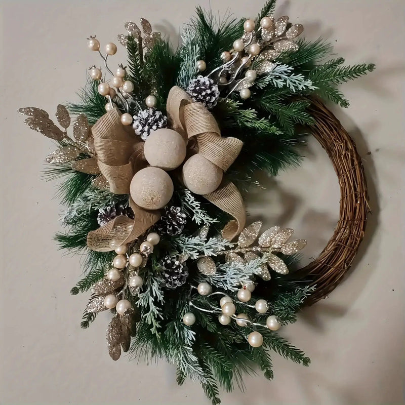 Plastic Christmas Wreath with Golden Accents and Pine Cones by House Of Avana