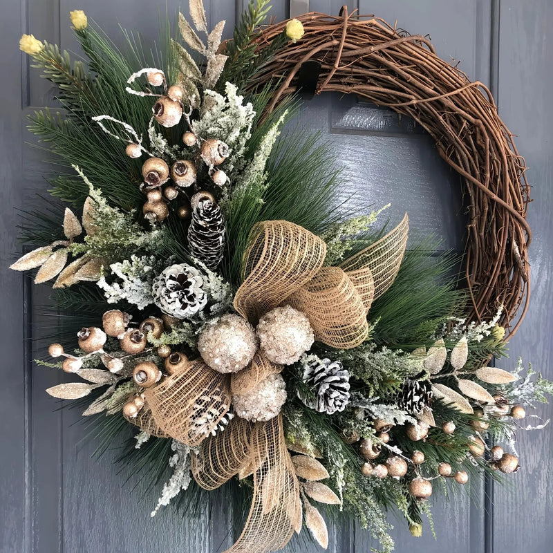 Plastic Christmas Wreath with Golden Accents and Pine Cones by House Of Avana