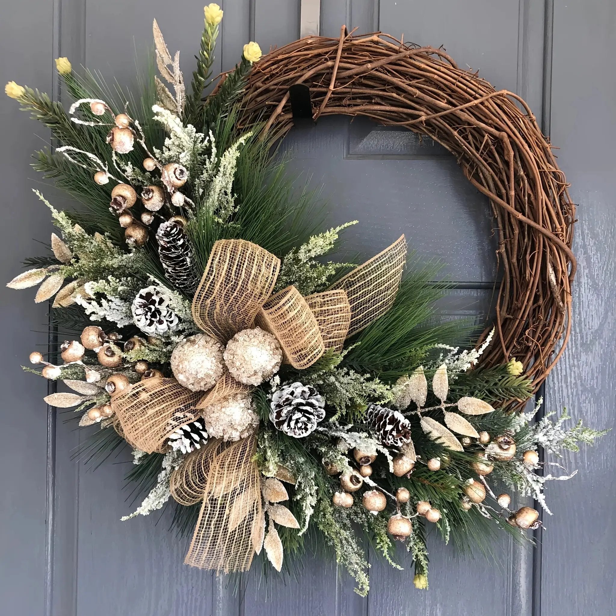 Plastic Christmas Wreath with Golden Accents and Pine Cones by House Of Avana