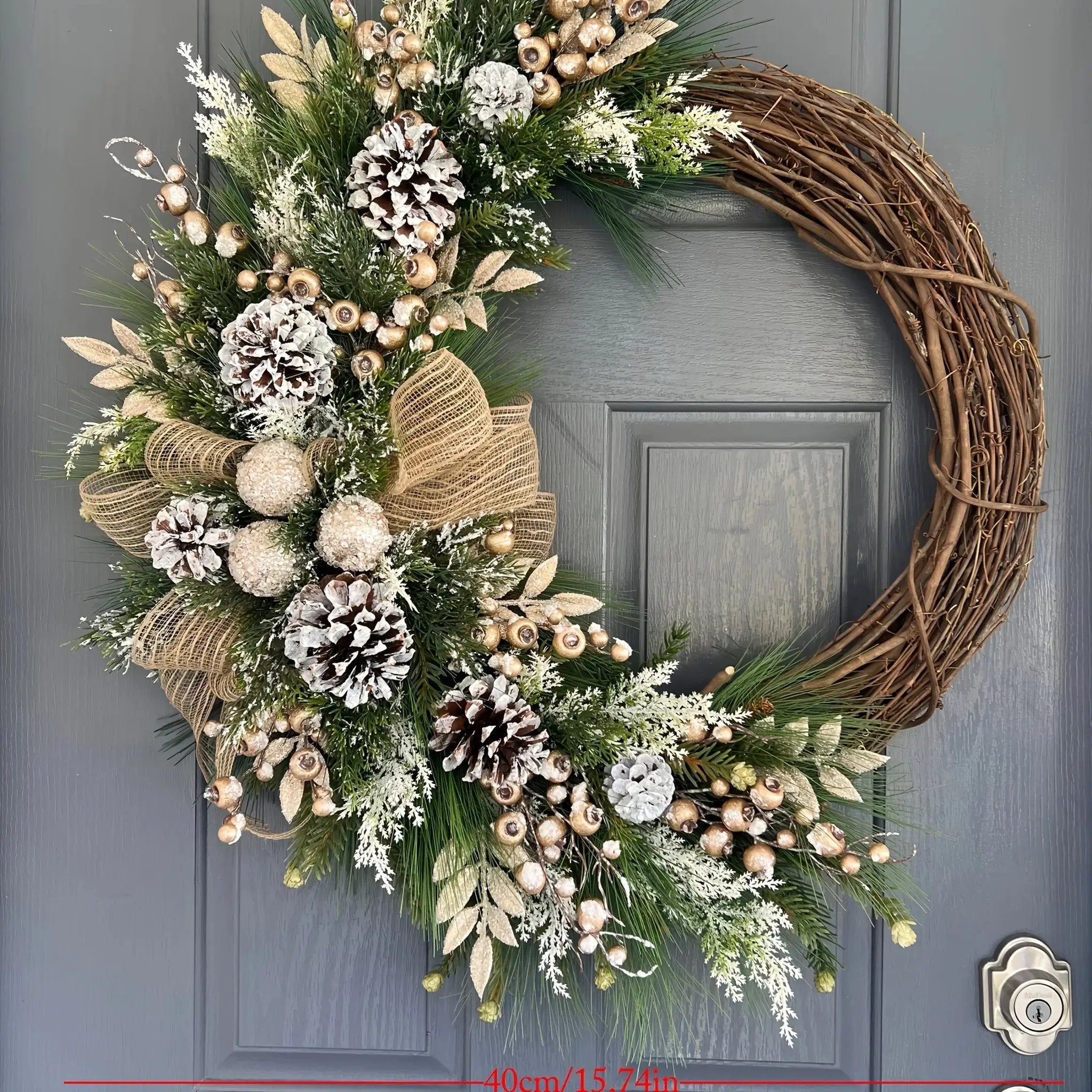 Plastic Christmas Wreath with Golden Accents and Pine Cones by House Of Avana