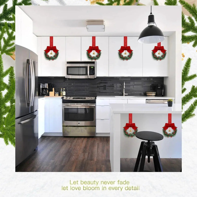 Plastic Christmas Wreath with Red Ribbon Bow & Bells, 12pcs Red Berry & Green Foliage by House Of Avana