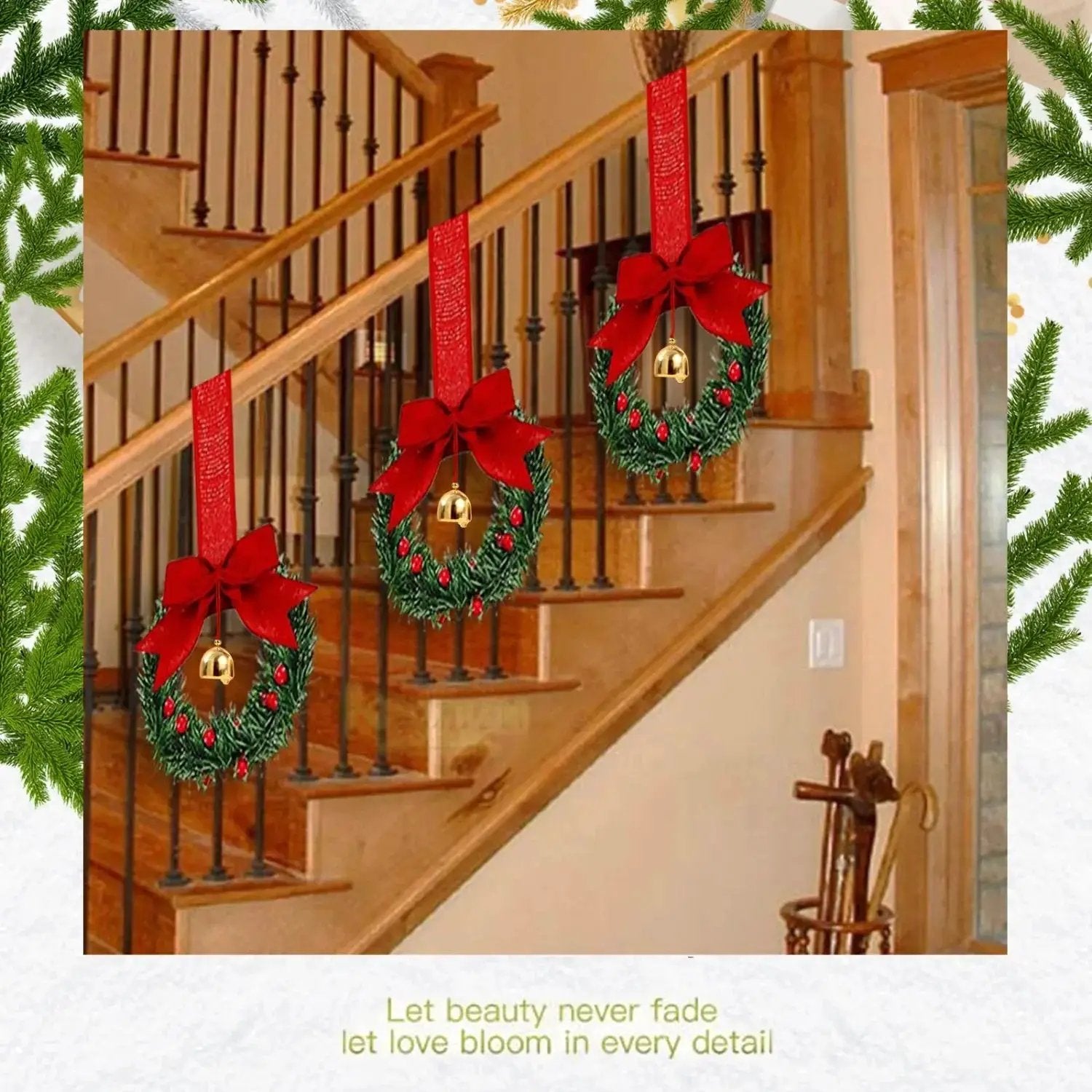 Plastic Christmas Wreath with Red Ribbon Bow & Bells, 12pcs Red Berry & Green Foliage by House Of Avana