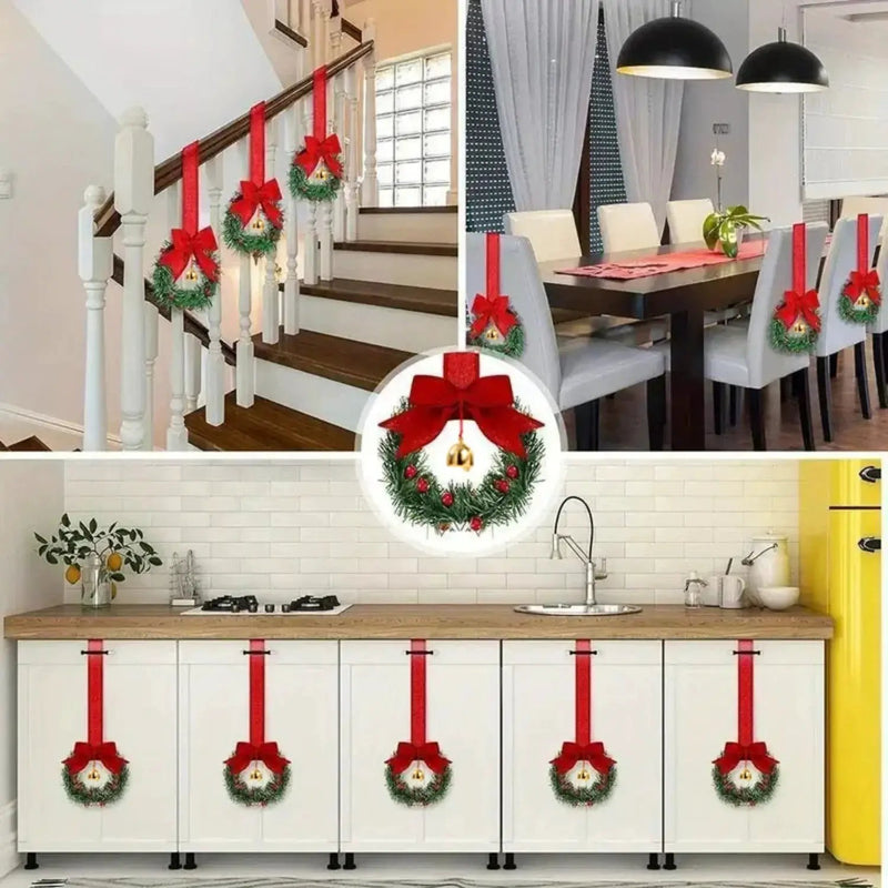 Plastic Christmas Wreath with Red Ribbon Bow & Bells, 12pcs Red Berry & Green Foliage by House Of Avana