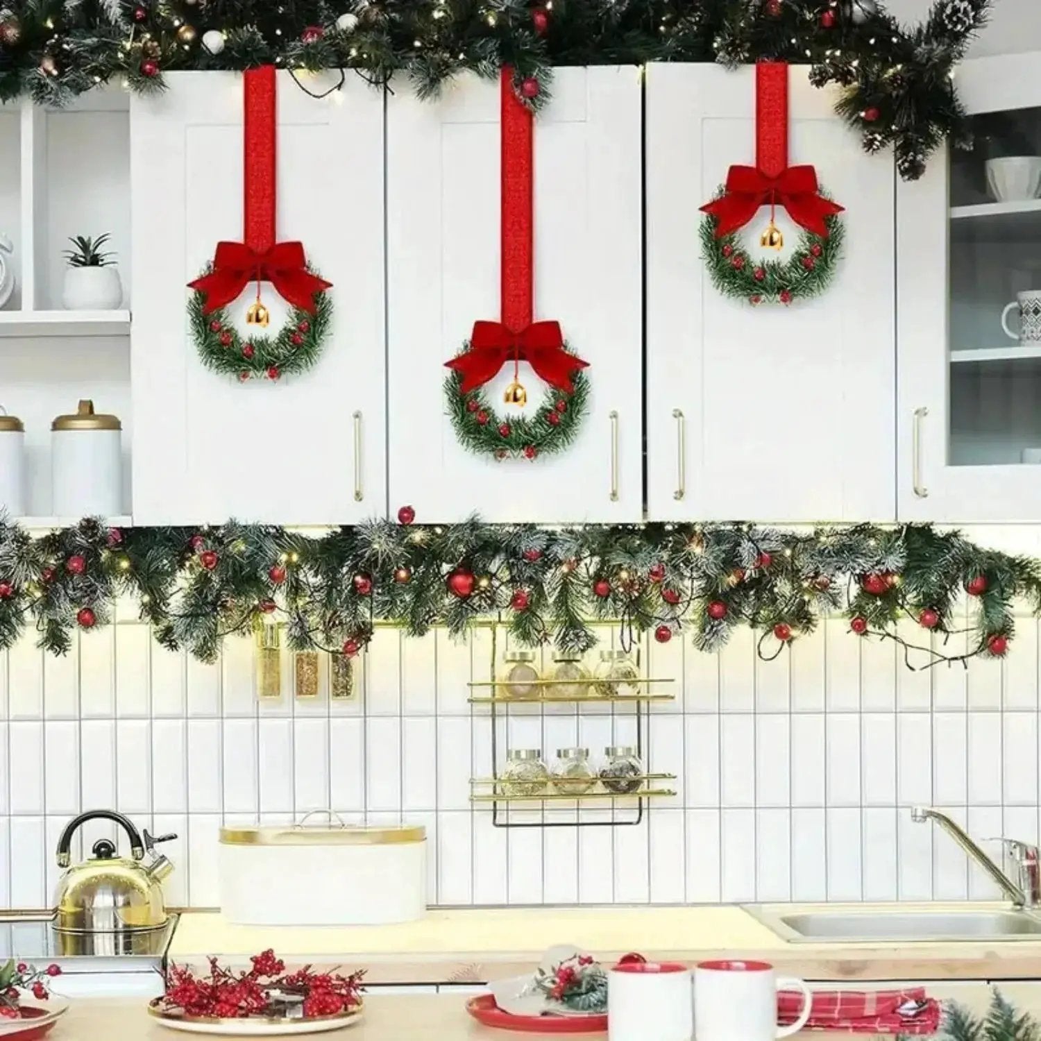 Plastic Christmas Wreath with Red Ribbon Bow & Bells, 12pcs Red Berry & Green Foliage by House Of Avana