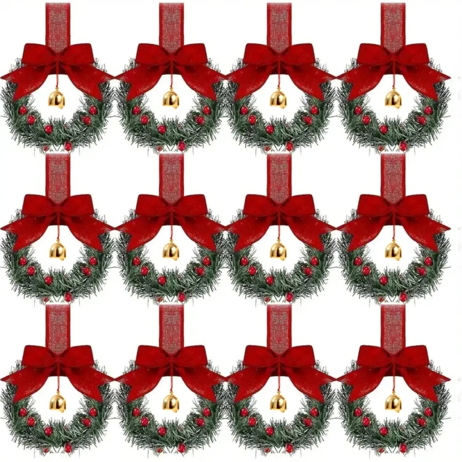 Plastic Christmas Wreath with Red Ribbon Bow & Bells, 12pcs Red Berry & Green Foliage by House Of Avana