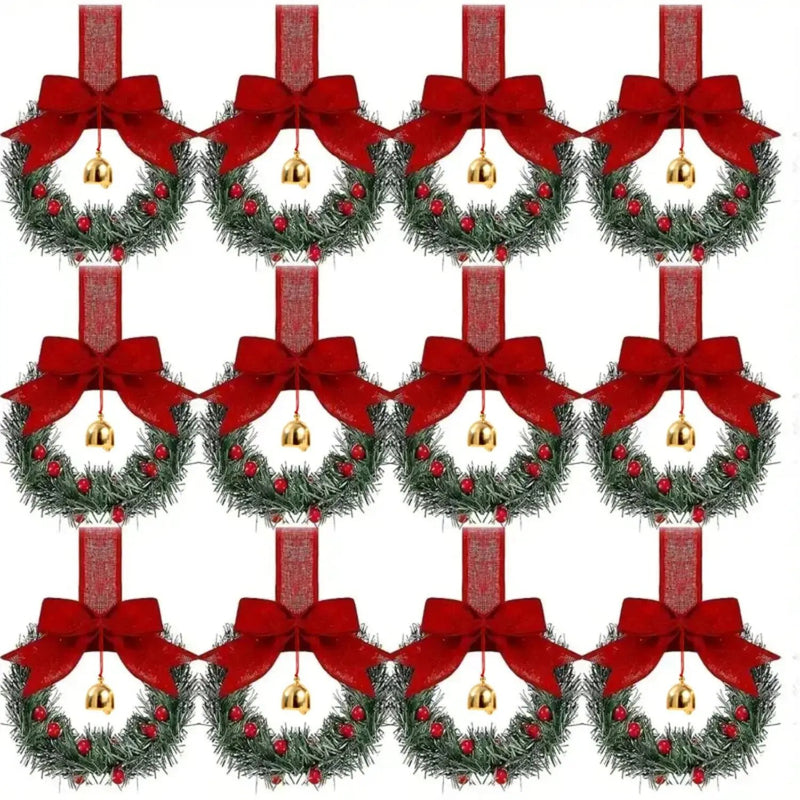 Plastic Christmas Wreath with Red Ribbon Bow & Bells, 12pcs Red Berry & Green Foliage by House Of Avana