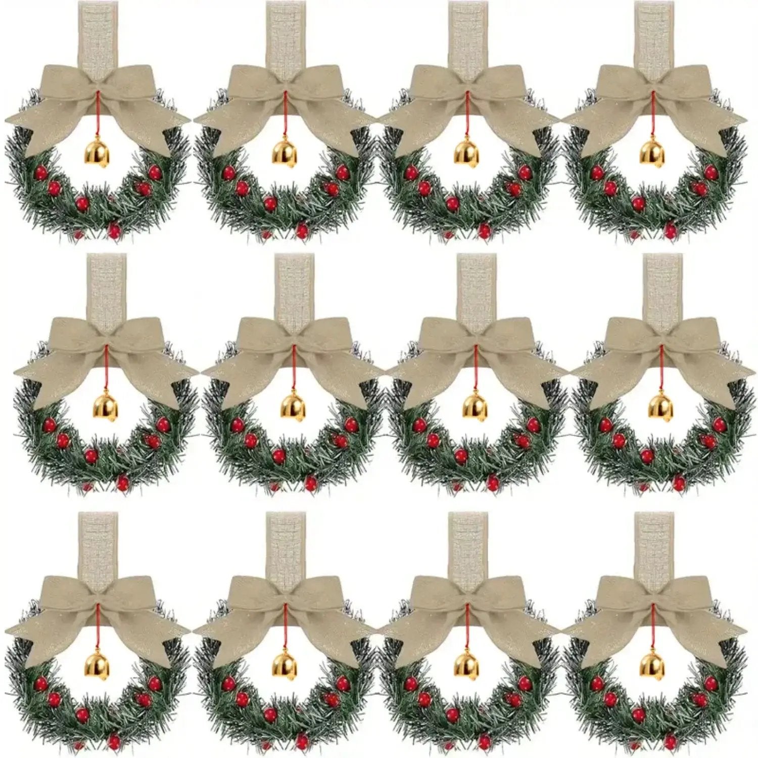 Plastic Christmas Wreath with Red Ribbon Bow & Bells, 12pcs Red Berry & Green Foliage by House Of Avana