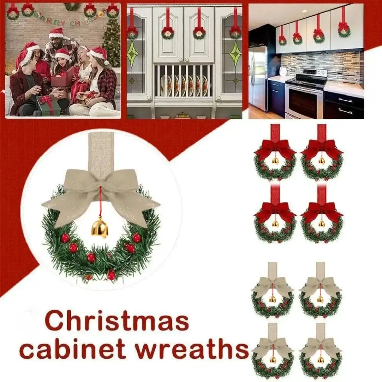 Plastic Christmas Wreath with Red Ribbon Bow & Bells, 12pcs Red Berry & Green Foliage by House Of Avana