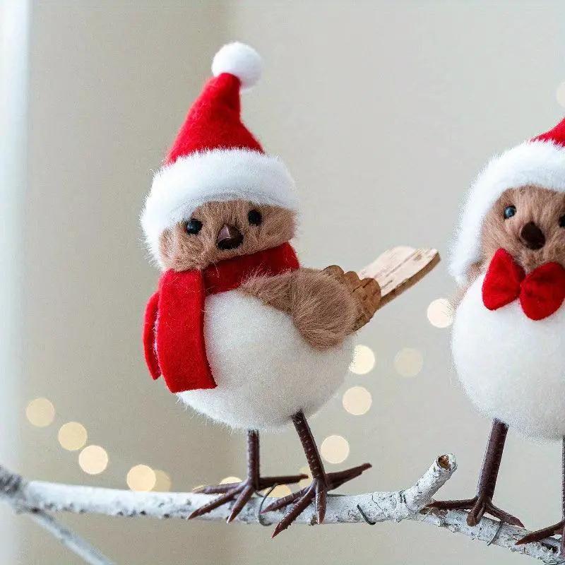 Plush Bird Christmas Ornament with Red Santa Hat & White Plumage by House Of Avana