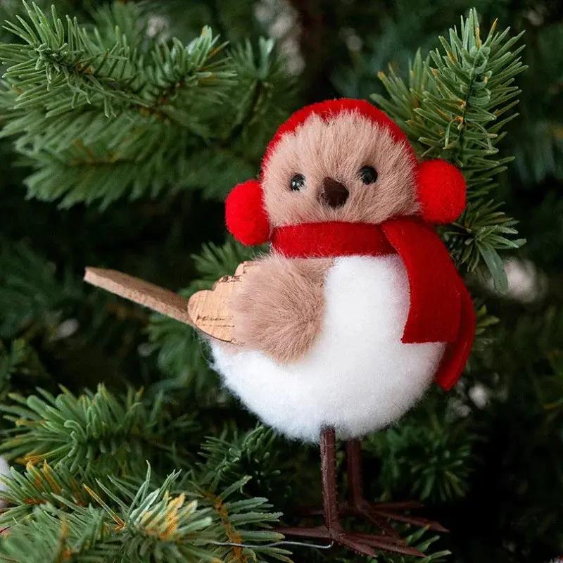 Plush Bird Christmas Ornament with Red Santa Hat & White Plumage by House Of Avana
