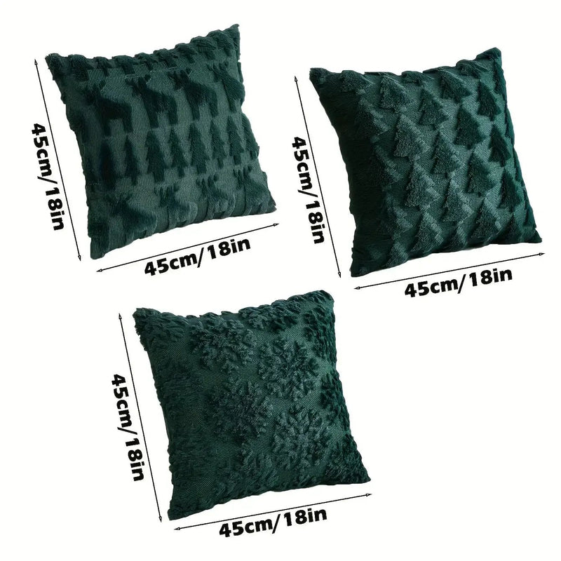 Plush Christmas Pillow Covers 45.72x45.72 cm - Green/Red/Golden Lace-Like Patterns, Zippered by House Of Avana
