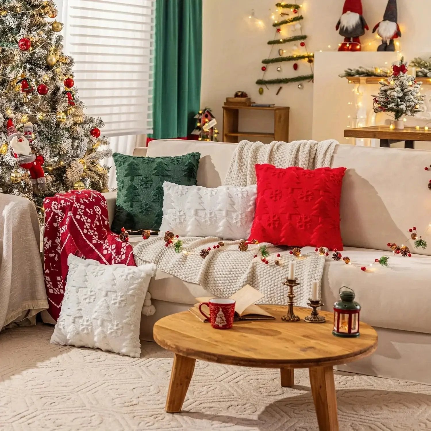 Plush Christmas Pillow Covers 45.72x45.72 cm - Green/Red/Golden Lace-Like Patterns, Zippered by House Of Avana
