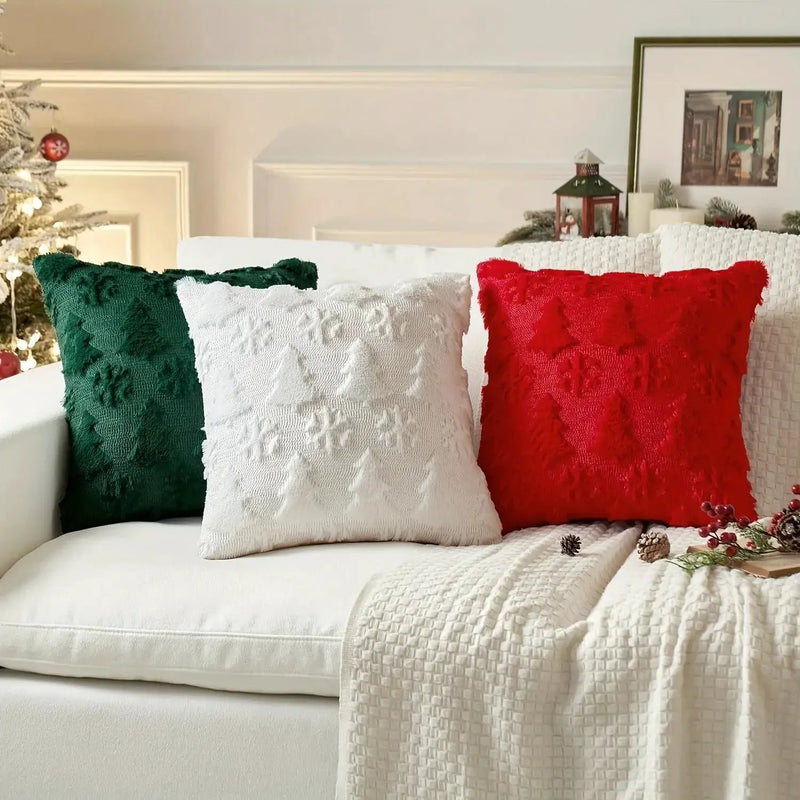 Plush Christmas Pillow Covers 45.72x45.72 cm - Green/Red/Golden Lace-Like Patterns, Zippered by House Of Avana