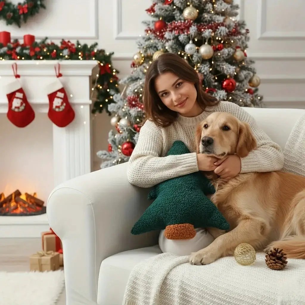 Plush Dog Toy - Soft Christmas Tree Pillow with Red & Green Design by House Of Avana