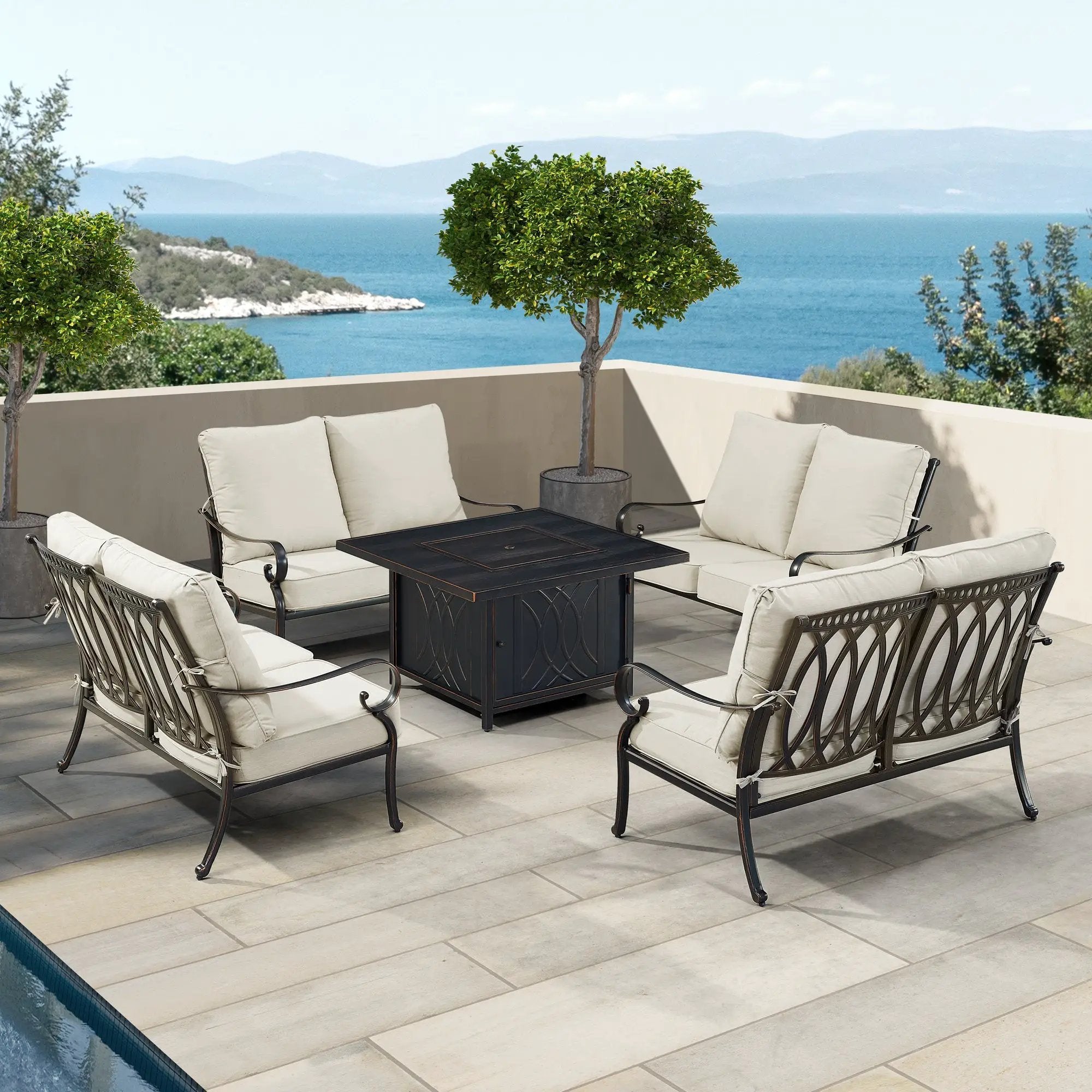 Black Aluminum Fire Table Set with Four Deep Seating Loveseats by Sharicks