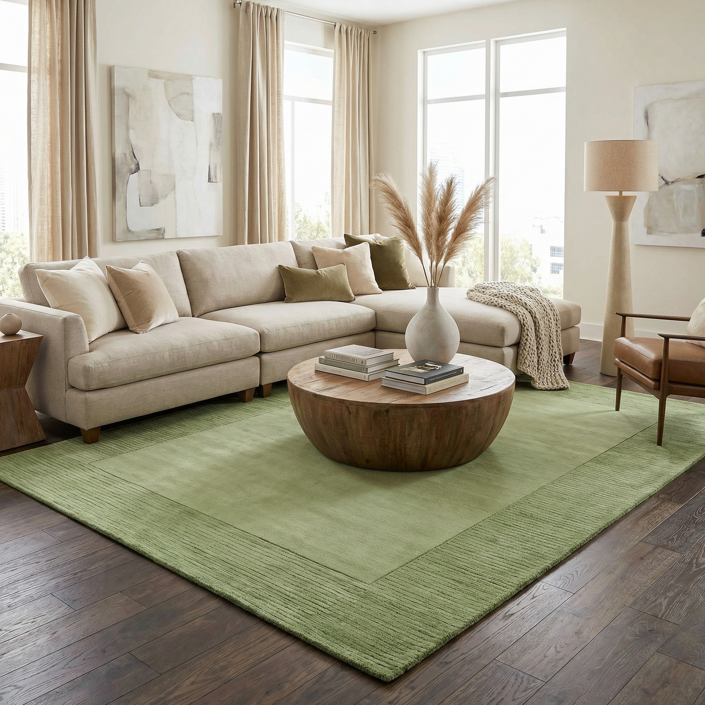 Bordered Solid Green Wool Rug by Boutique Rugs
