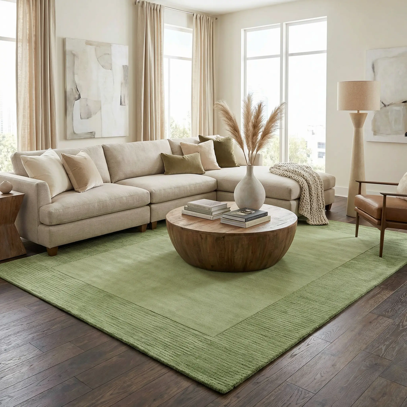 Bordered Solid Green Wool Rug by Boutique Rugs