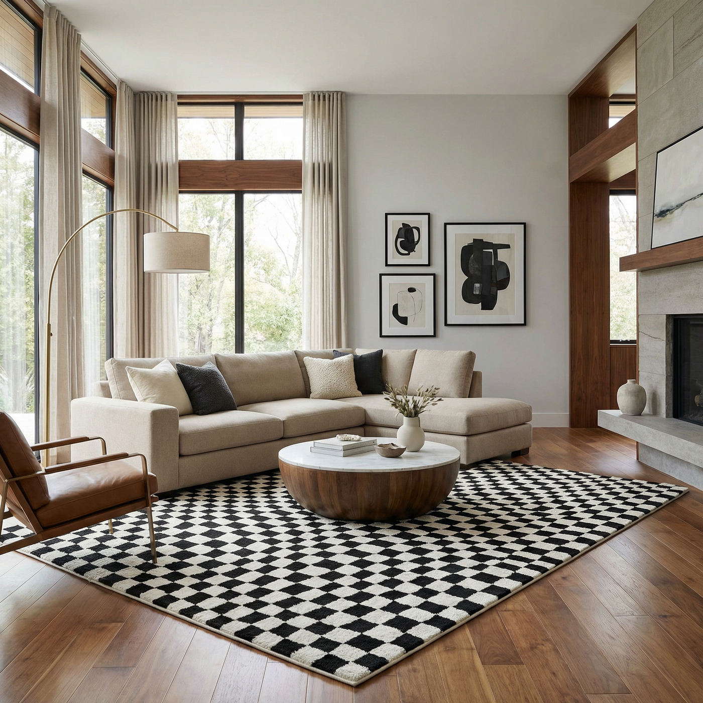 Lajos Black & White Checkered Plush Rug by Boutique Rugs