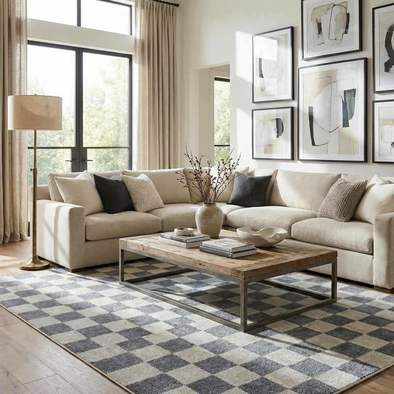Alie Blue Gray Checkered Washable Rug by Boutique Rugs