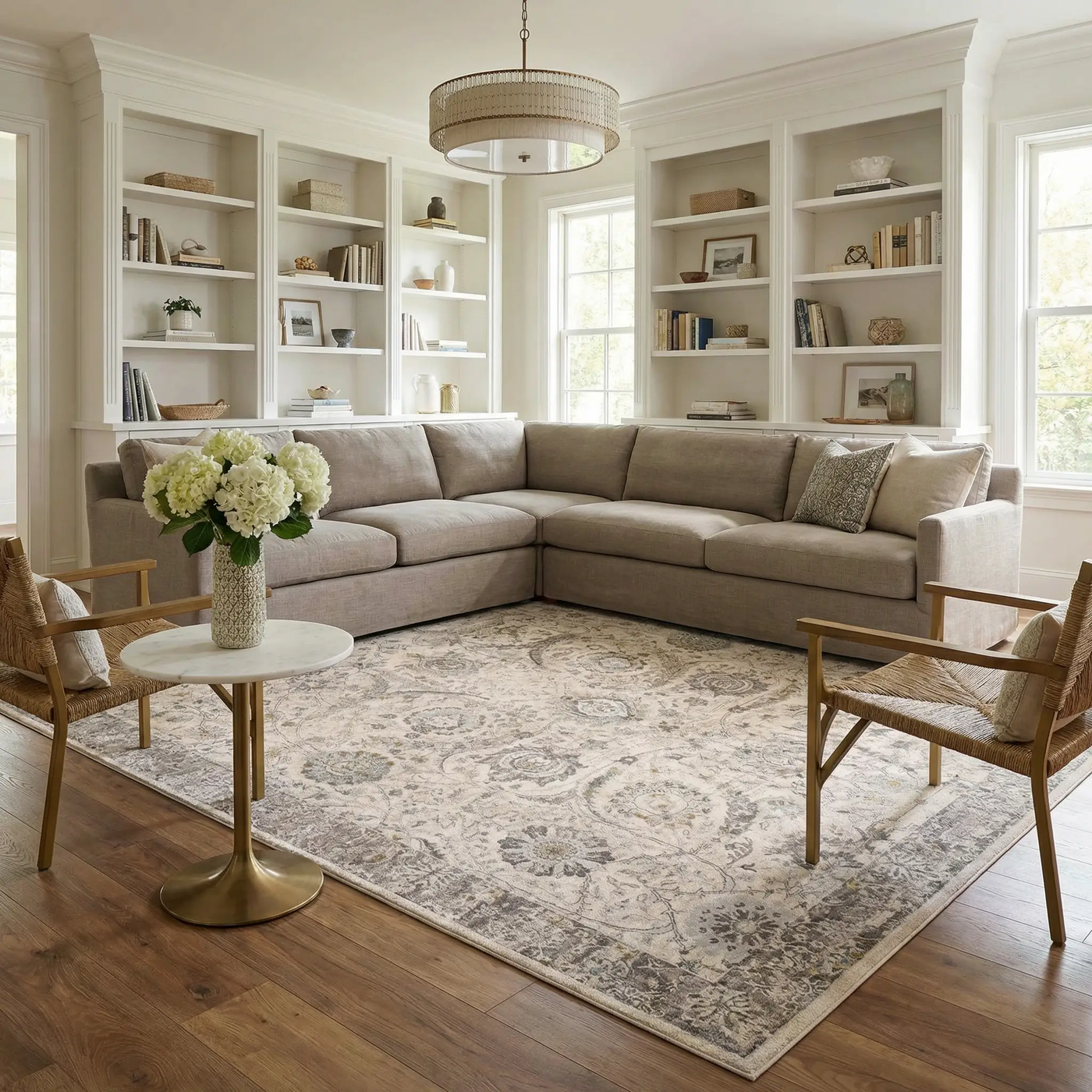 Gauge Cream & Gray Blue Rug with Fringes by Boutique Rugs