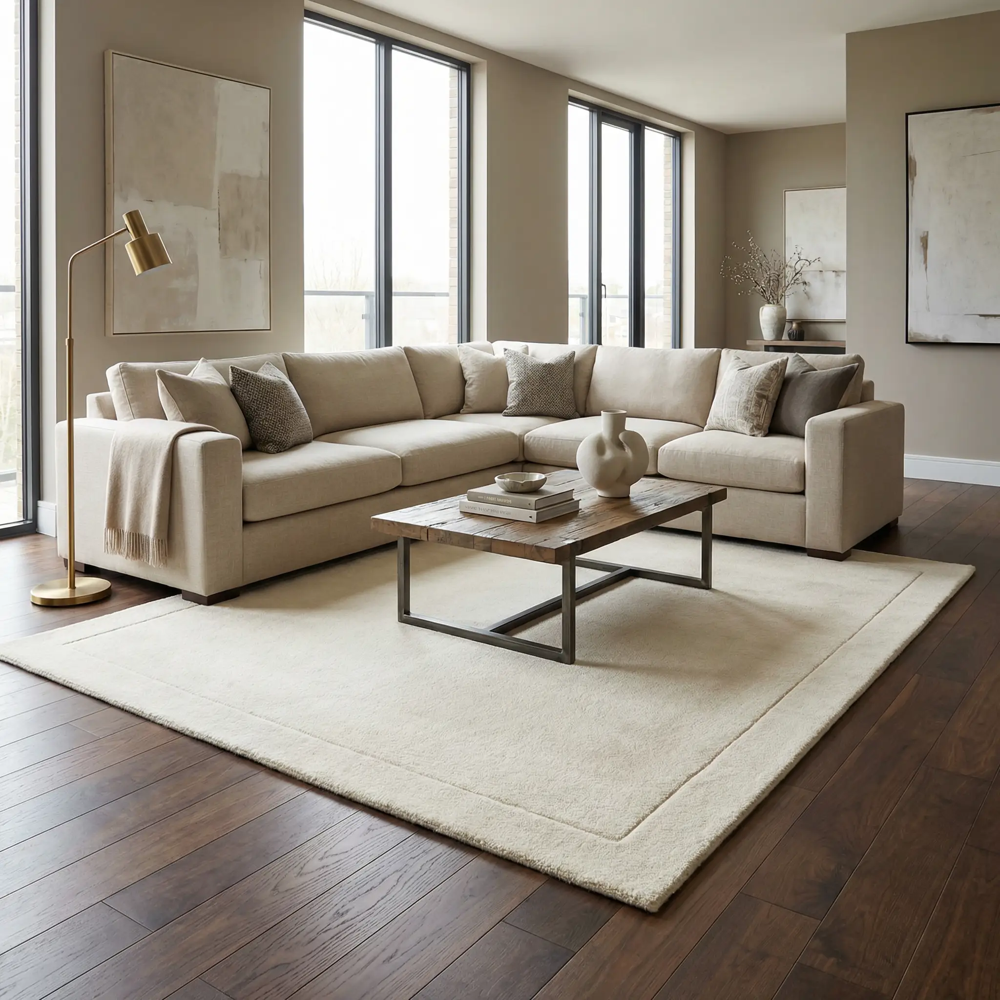 Bordered Solid Beige Cream Wool Rug by Boutique Rugs