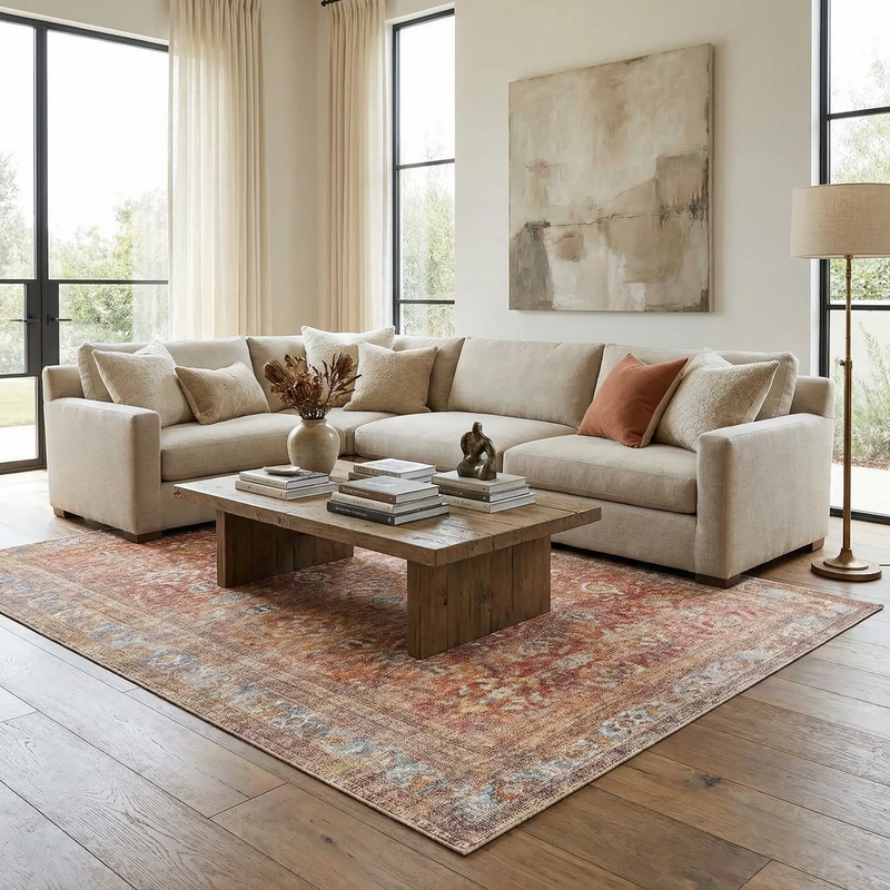 Anshu Peach Washable Area Rug - Clearance by Boutique Rugs