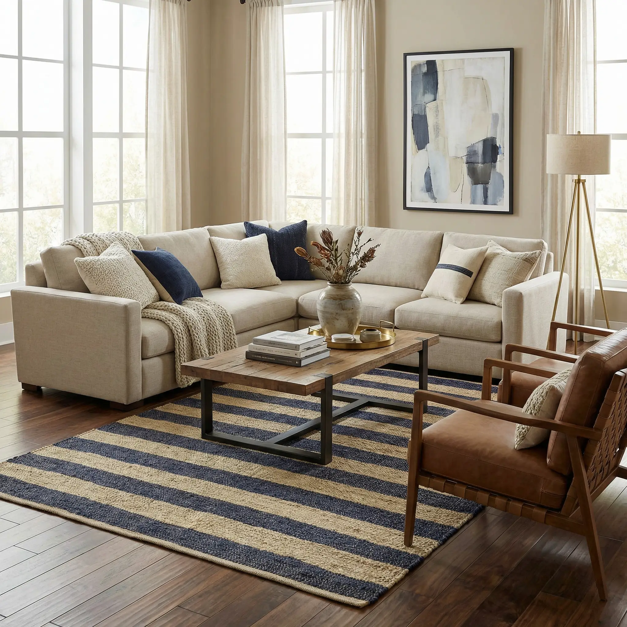 Ilkay Beige & Navy Jute Area Rug - Clearance by Boutique Rugs