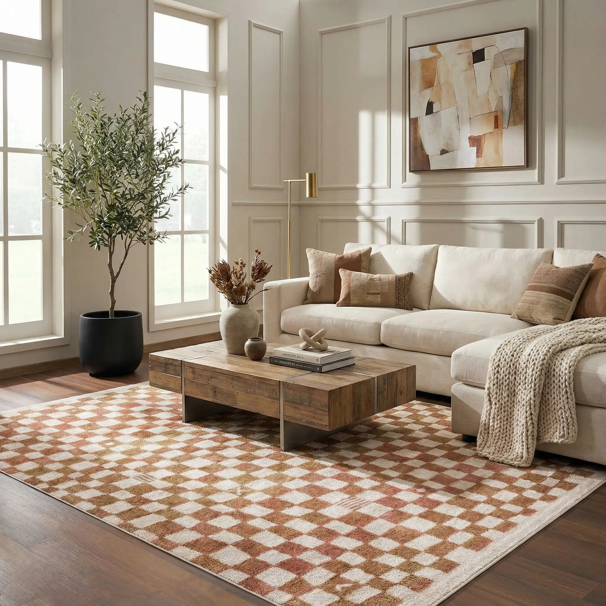 Benjy Irregular Checkboard Rug - Cream&Salmon by Boutique Rugs