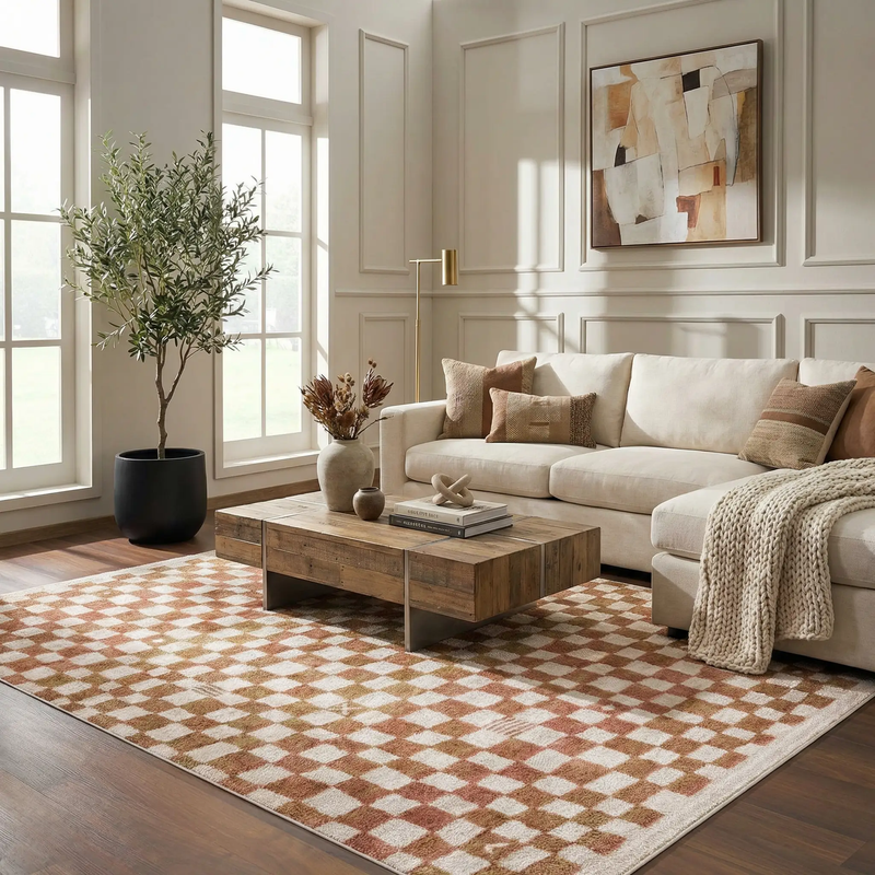 Benjy Irregular Checkboard Rug - Cream&Salmon by Boutique Rugs