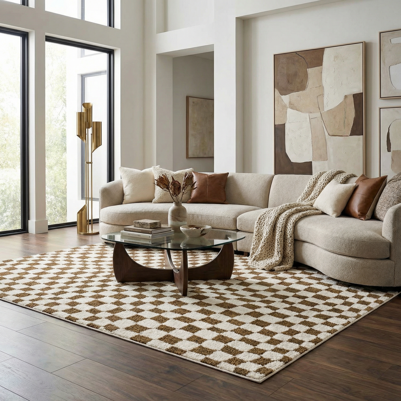 Lajos Brown Checkered Shag Rug - Clearance by Boutique Rugs