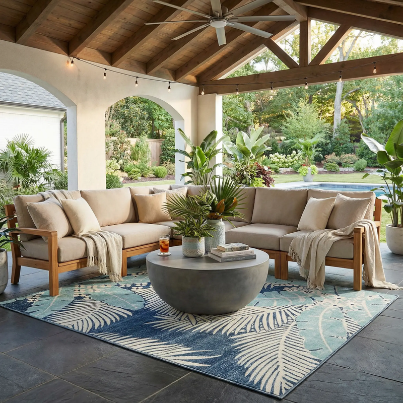Thebarton Coastal Blue Palm Outdoor Area Rug by Boutique Rugs