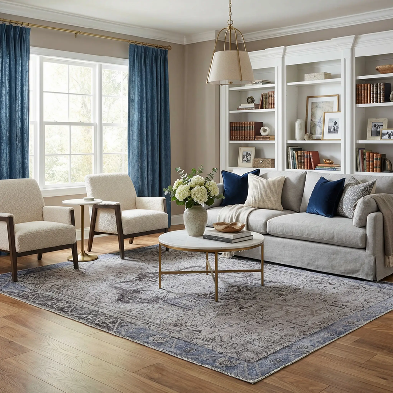 Rosman Blue&Beige - Promo Washable Area Rug - Clearance by Boutique Rugs