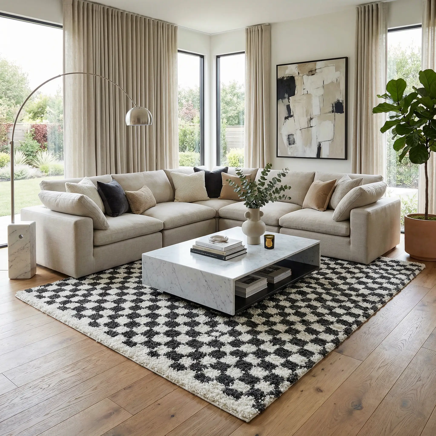 Kieu Black & White Checkered Shag Rug by Boutique Rugs