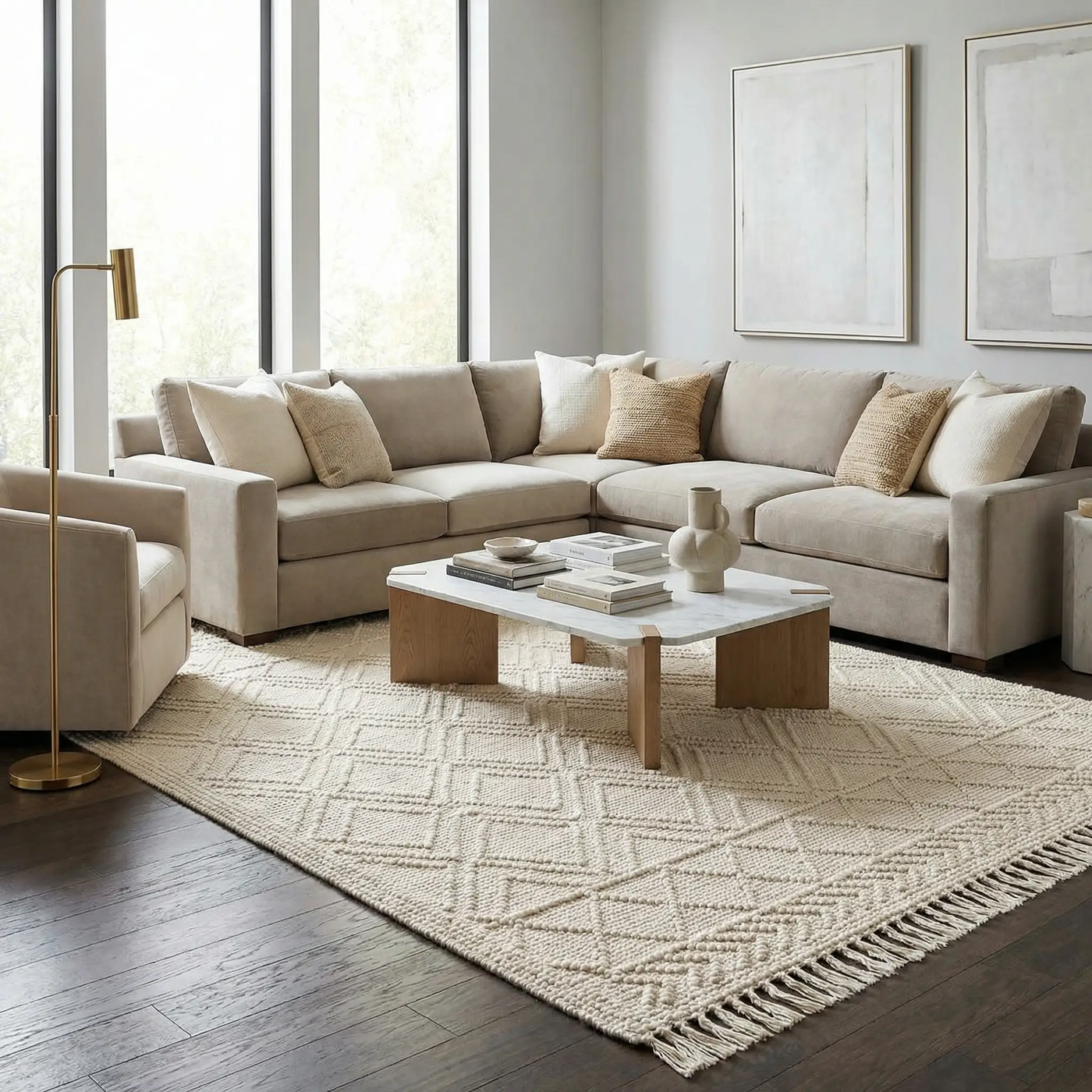 Ramsbury Beige Trellis Wool Rug by Boutique Rugs