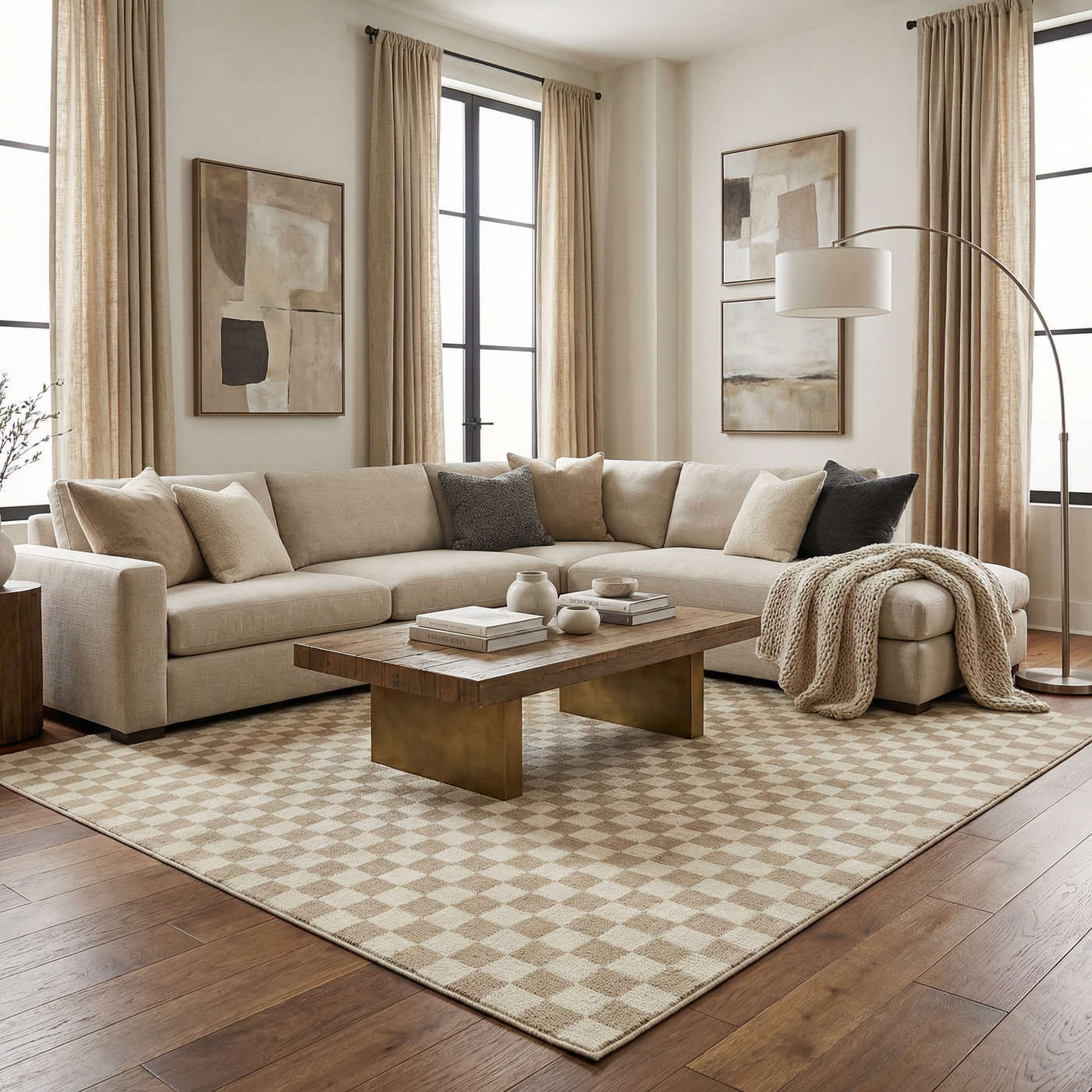 Benjy Irregular Checkboard Rug - Cream&Gold by Boutique Rugs