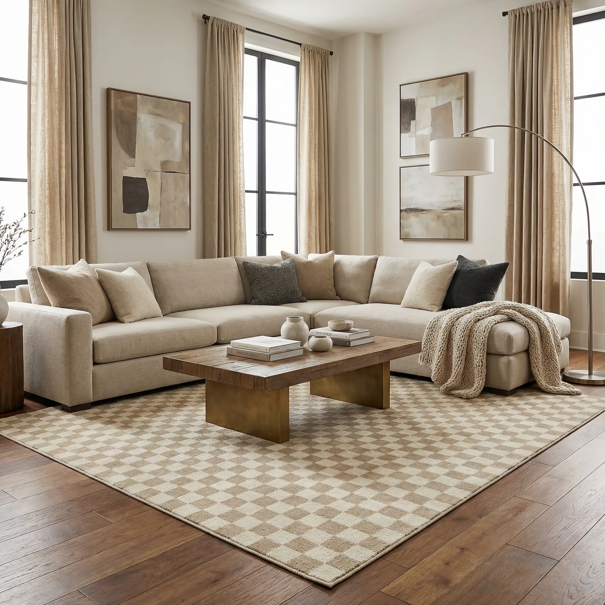Benjy Irregular Checkboard Rug - Cream&Gold by Boutique Rugs