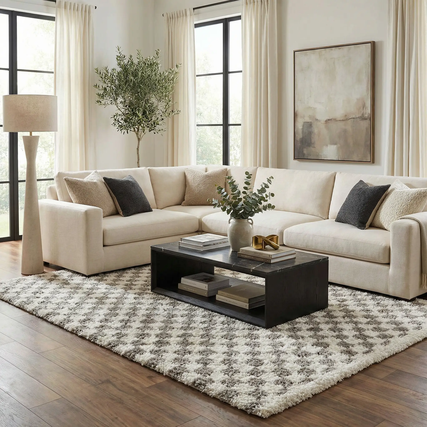 Kieu Taupe Checkered Plush Rug by Boutique Rugs