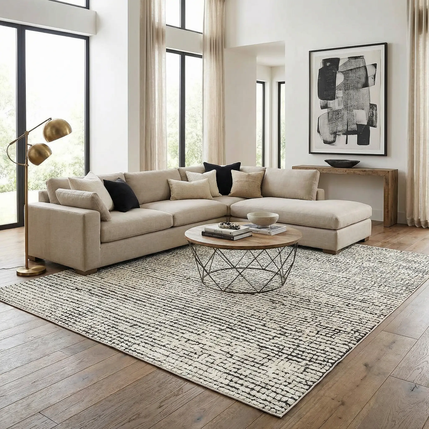 Keita Cream & Black Grid Plush Rug by Boutique Rugs