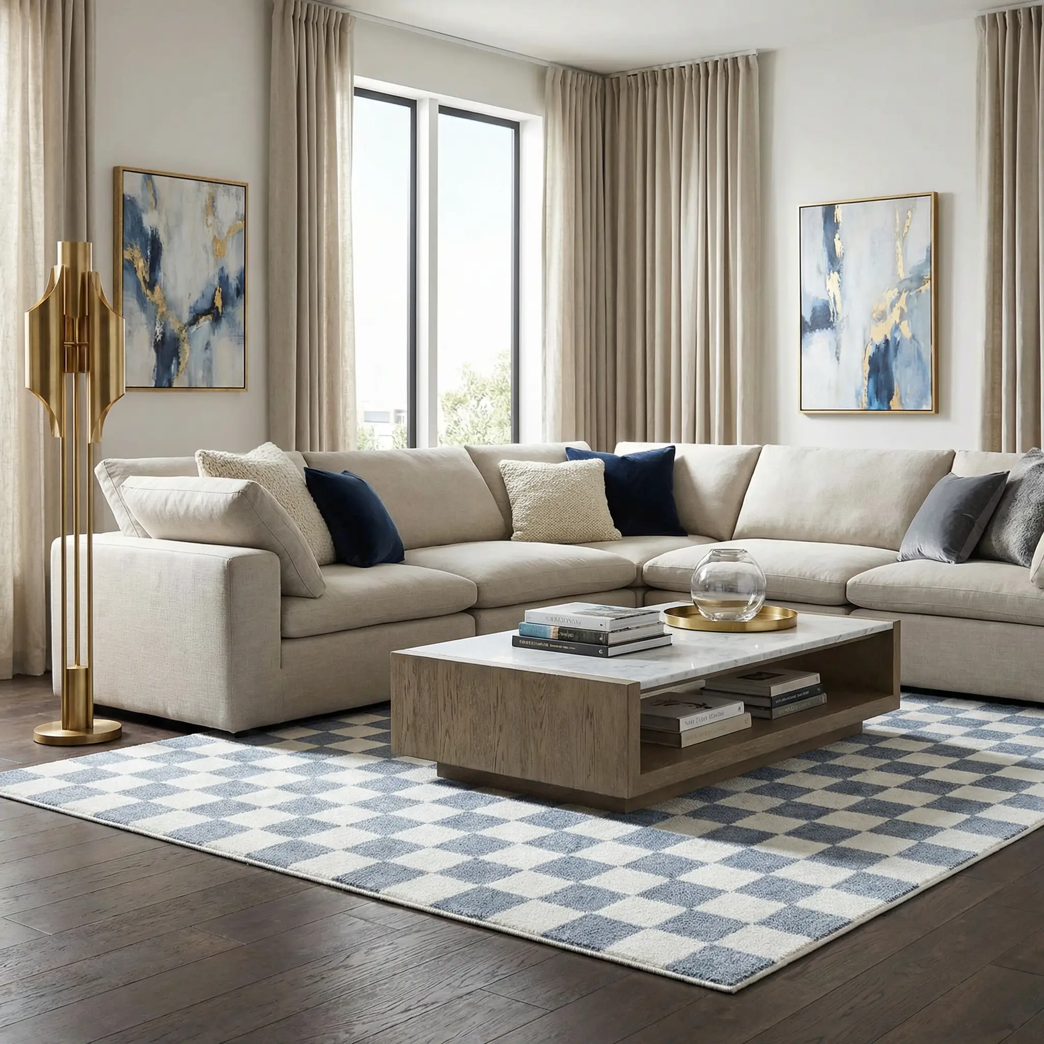 Brone Blue Checkered Washable Rug by Boutique Rugs