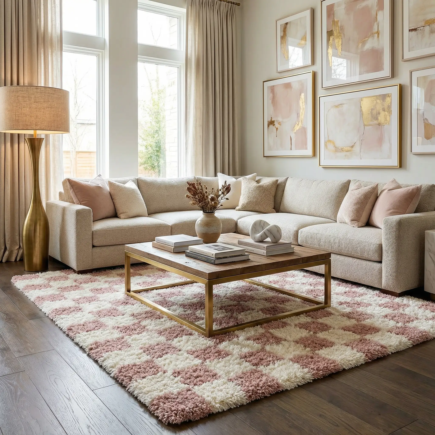 Atira Pink Checkered Shag Rug by Boutique Rugs