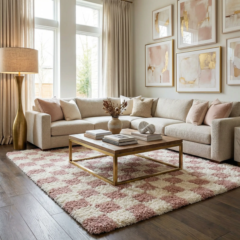 Atira Pink Checkered Shag Rug by Boutique Rugs