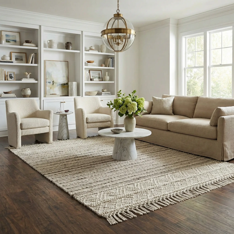 Cream Veruela Wool Blend Braided Tassel Area Rug - Clearance by Boutique Rugs