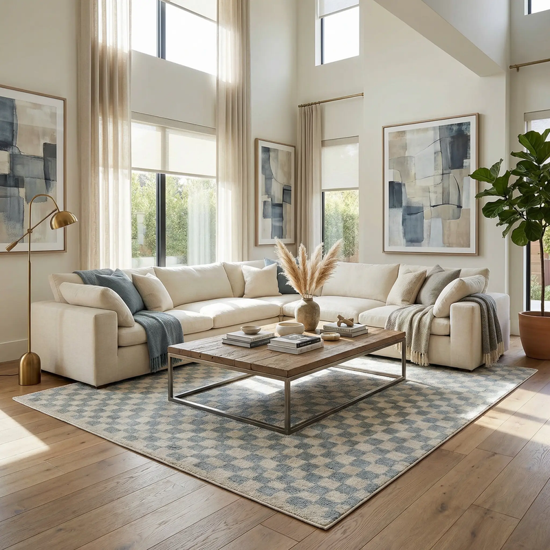 Benjy Cream & Light Blue Checkered Area Rug by Boutique Rugs
