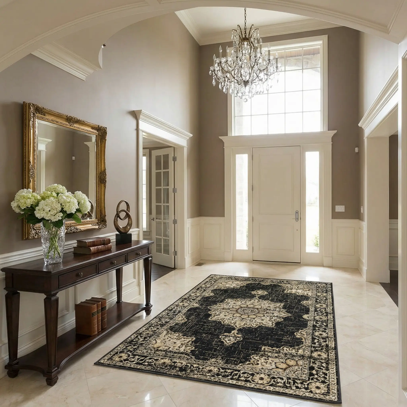 Lostwithiel Black Medallion Rug by Boutique Rugs