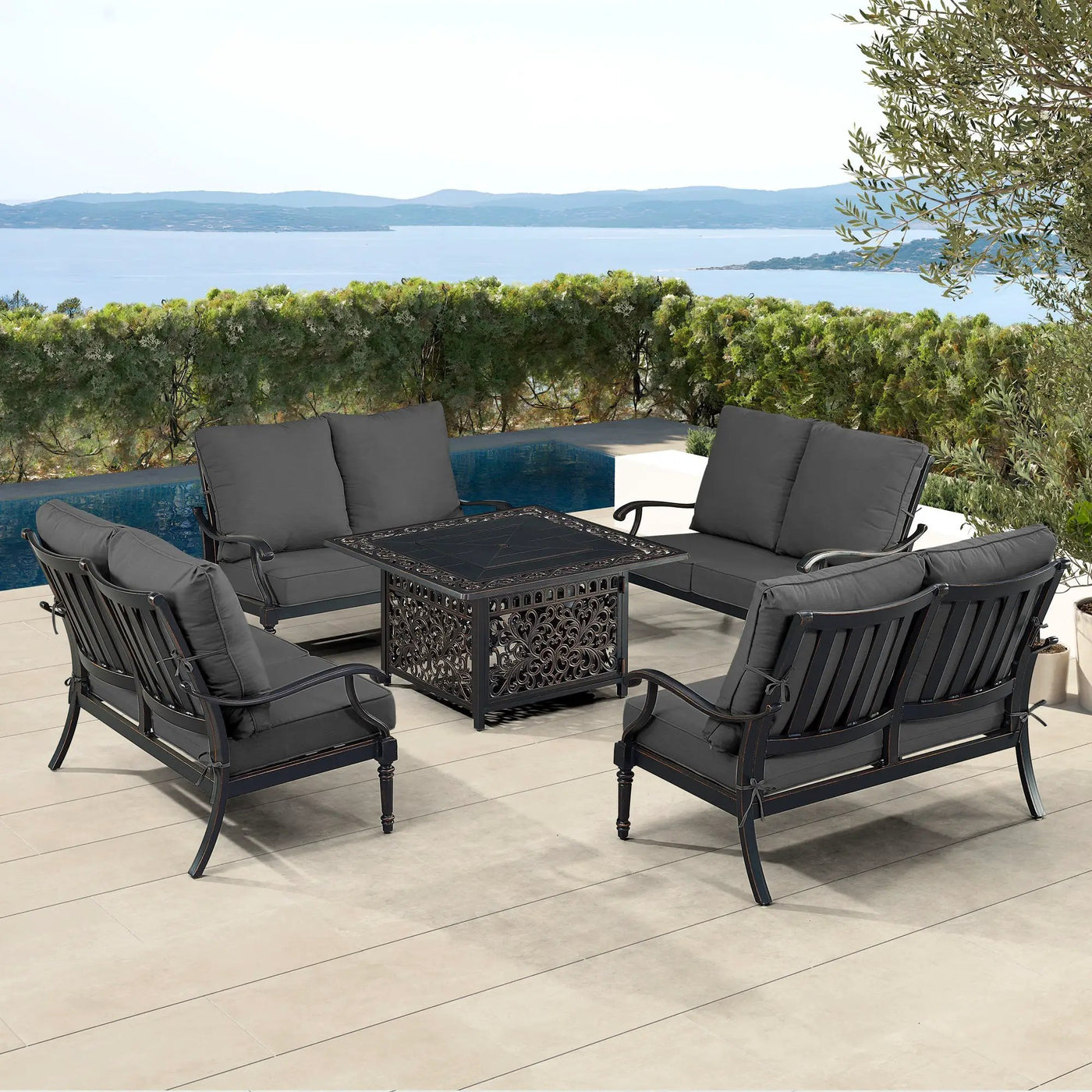Black Aluminum Fire Table Set with Four Deep Seating Loveseats by Sharicks