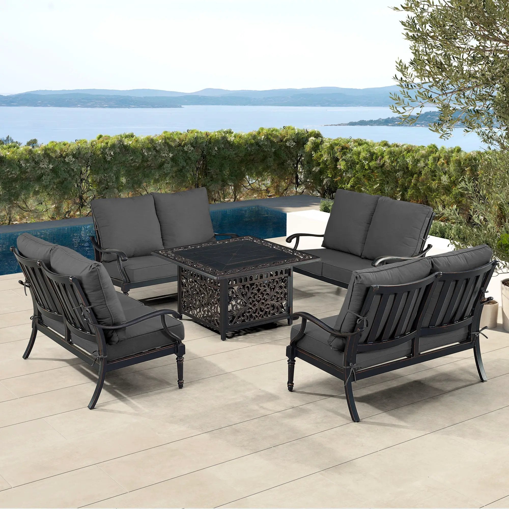 Black Aluminum Fire Table Set with Four Deep Seating Loveseats by Sharicks