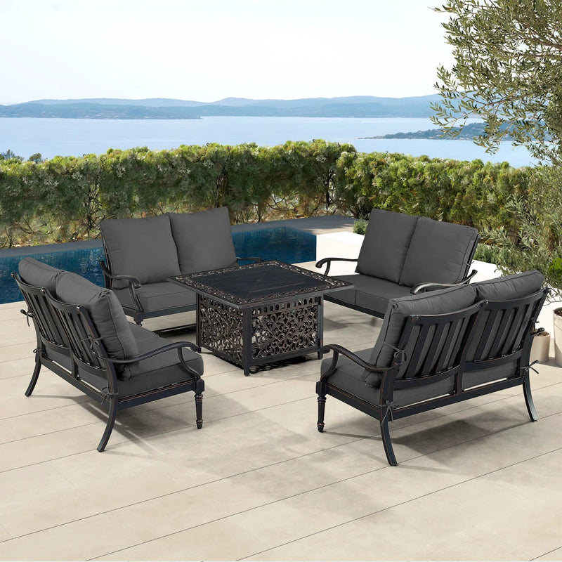 Black Aluminum Fire Table Set with Four Deep Seating Loveseats by Sharicks