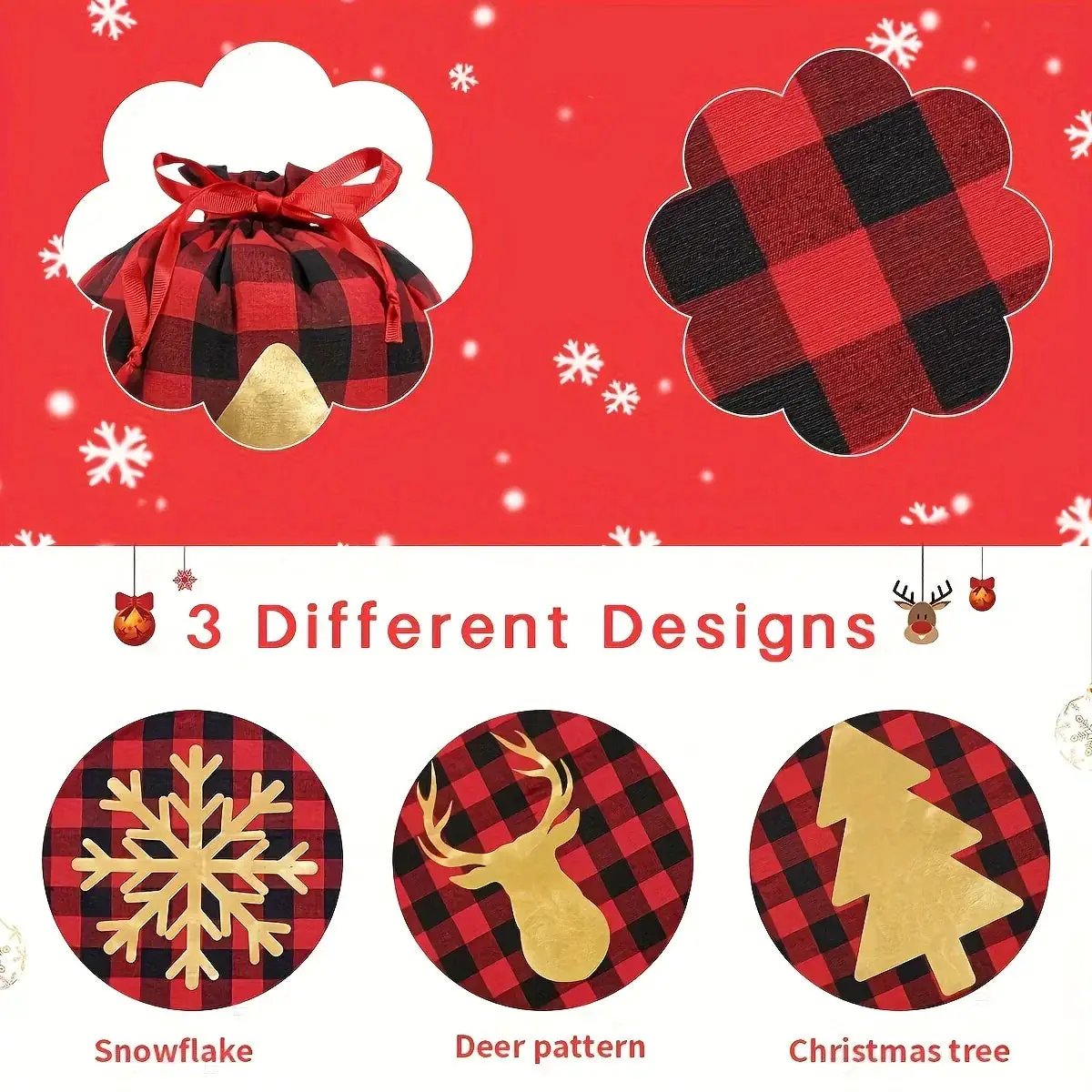 Polyester Christmas Gift Bags with Drawstring - Red & Checkered Medium Size by House Of Avana