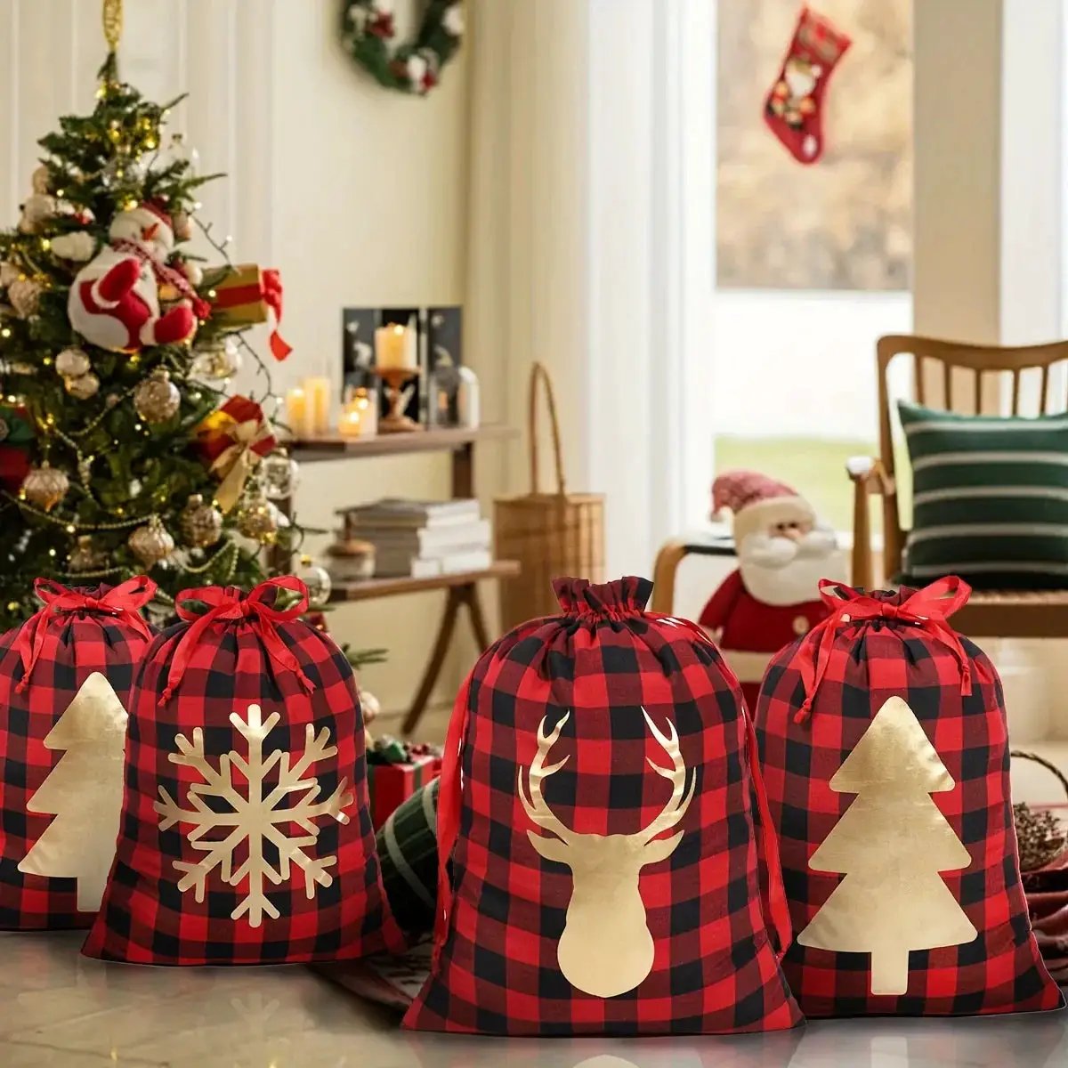 Polyester Christmas Gift Bags with Drawstring - Red & Checkered Medium Size by House Of Avana